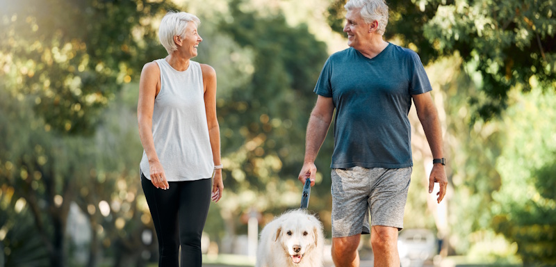 a couple walking outside with their dog