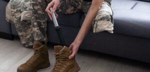 veteran adjusting prosthetic leg